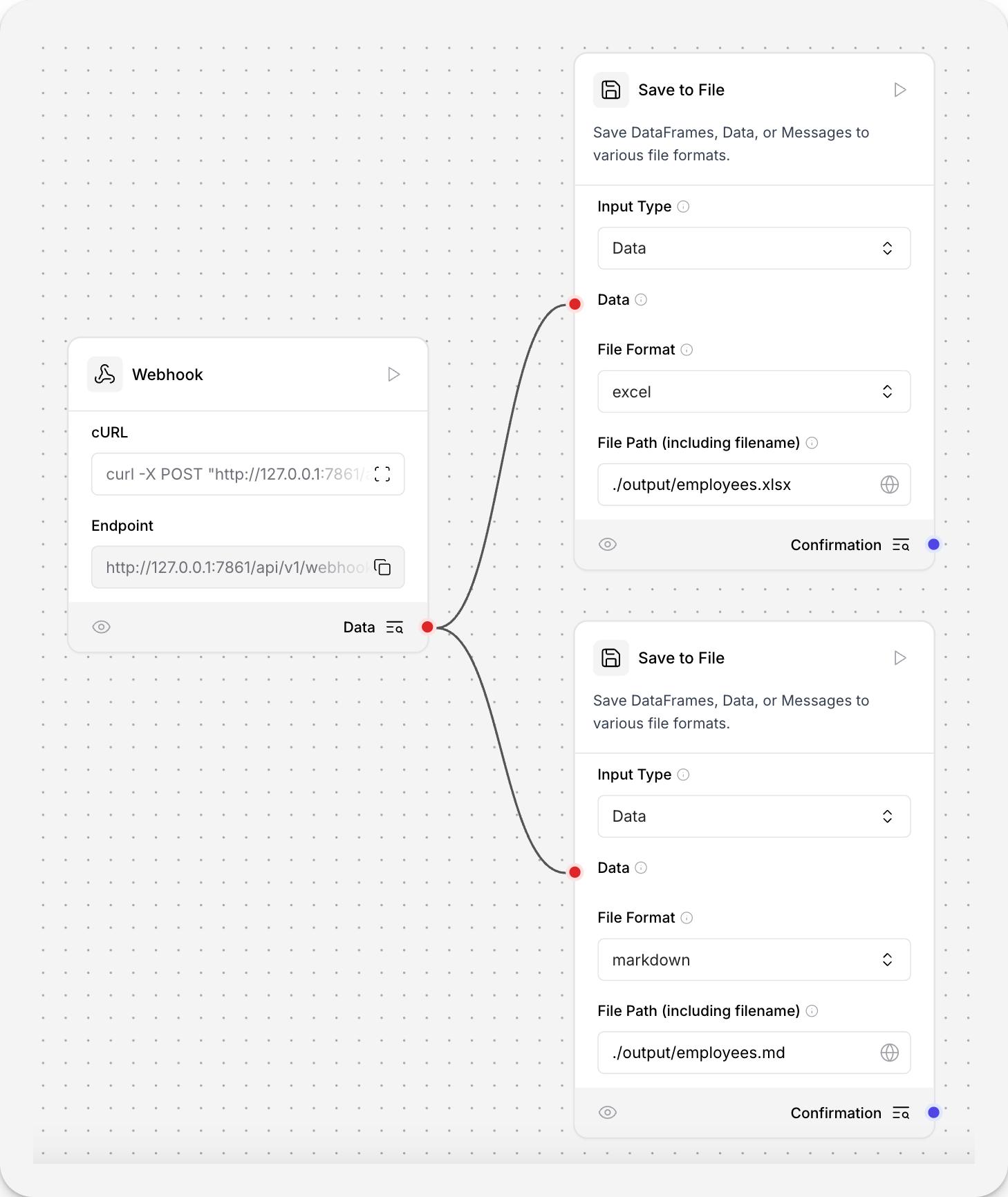Webhook 连接两个保存到文件组件